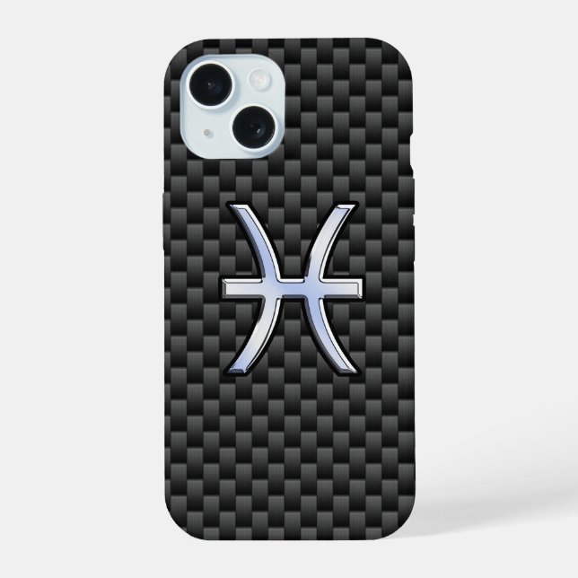 Pisces Zodiac Sign on Carbon Fibre Print iPhone 15 Case (Back)