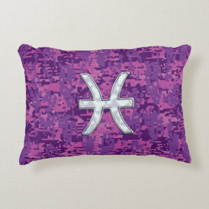 Pisces Zodiac Sign on Fuchsia Digital Camo Decorative Pillow