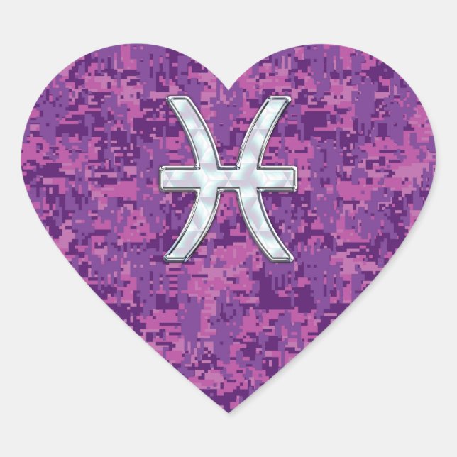 Pisces Zodiac Sign on Fuchsia Digital Camo Heart Sticker (Front)