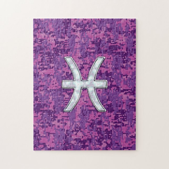 Pisces Zodiac Sign on Fuchsia Digital Camo Jigsaw Puzzle (Vertical)