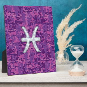 Pisces Zodiac Sign on Fuchsia Digital Camo Plaque