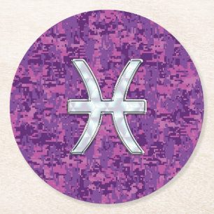 Pisces Zodiac Sign on Fuchsia Digital Camo Round Paper Coaster