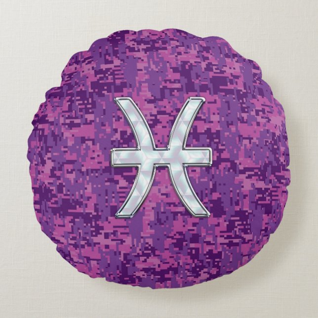 Pisces Zodiac Sign on Fuchsia Digital Camo Round Pillow (Front)