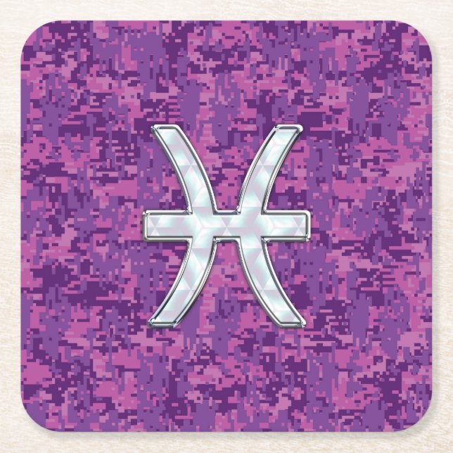 Pisces Zodiac Sign on Fuchsia Digital Camo Square Paper Coaster (Front)
