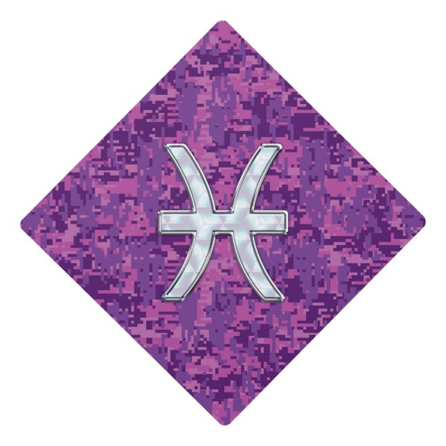 Pisces Zodiac Sign on Fuchsia Pink Digital Camo Graduation Cap Topper (Front)