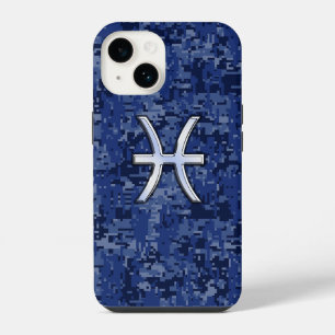 Pisces Zodiac Sign on Navy Blue Camo iPhone 14 Case