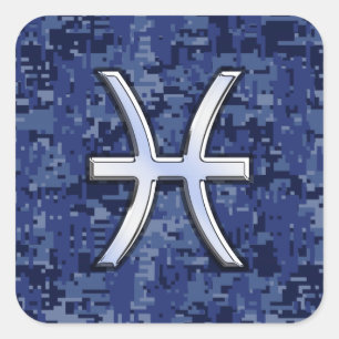 Pisces Zodiac Sign on Navy Blue Digital Camo Decor Square Sticker