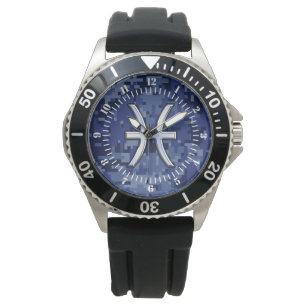 Pisces Zodiac Sign on Navy Blue Digital Camo Dial Watch