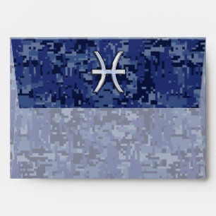 Pisces Zodiac Sign on Navy Blue Digital Camouflage Envelope