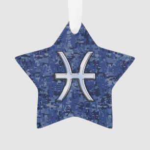 Pisces Zodiac Sign on Navy Blue Digital Camouflage Ornament