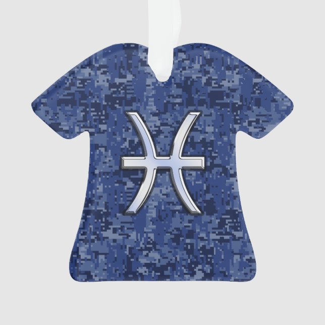 Pisces Zodiac Sign on Navy Blue Digital Camouflage Ornament (Front)