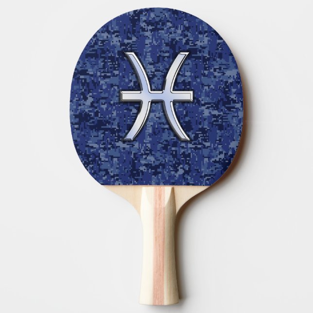 Pisces Zodiac Sign on Navy Blue Digital Camouflage Ping Pong Paddle (Back)