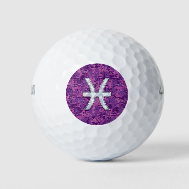 Pisces Zodiac Sign on Pink Digital Camo Golf Balls (Front)