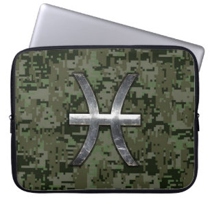 Pisces Zodiac Sign on Woodland Digital Camo Decor Laptop Sleeve
