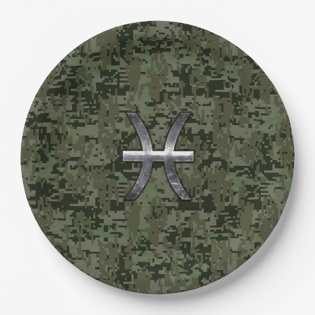 Pisces Zodiac Sign on Woodland Digital Camo Decor Paper Plate (Front)