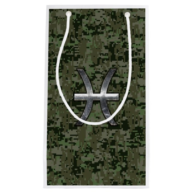 Pisces Zodiac Sign on Woodland Digital Camo Decor Small Gift Bag (Front)