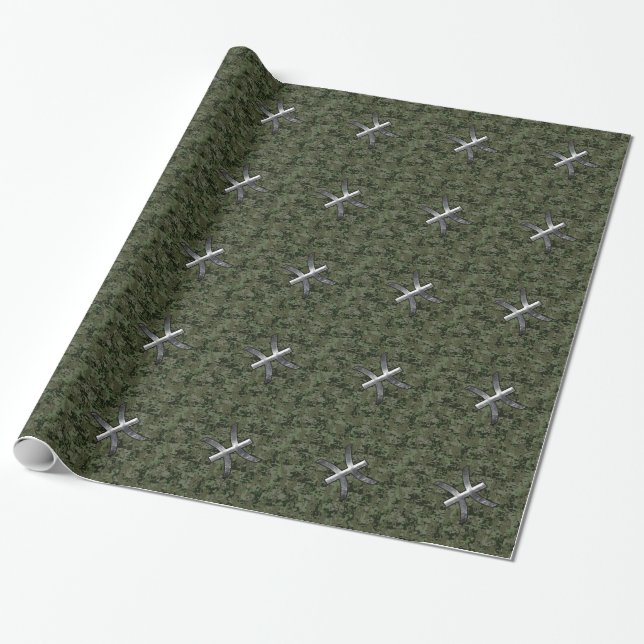 Pisces Zodiac Sign on Woodland Green Digital Camo Wrapping Paper (Unrolled)