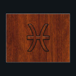 Pisces Zodiac Sign Rich Mahogany wood grain style Postcard<br><div class="desc">A Pisces Zodiac Sign rendered in a rich Mahogany wood grain style design print background. A classic design for a great custom birthday gift idea. Embroidery designs are available in a selection of popular colour options. Use the "Ask this Designer" link to contact us with your special design requests or...</div>