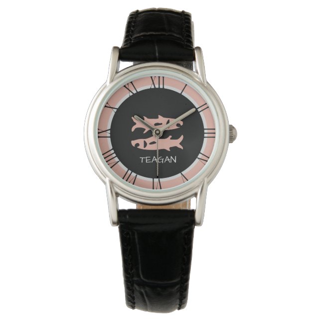 Pisces Zodiac Sign Rose Pink Grey Custom Name Watch (Front)