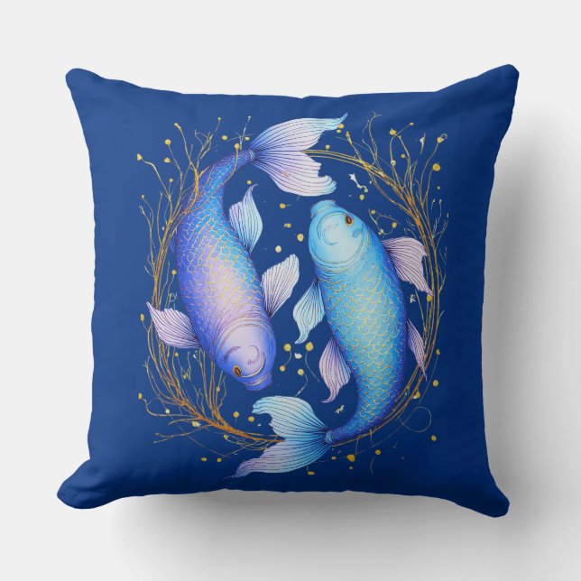Pisces Zodiac Sign, Two Graceful Koi Fish Throw Pillow (Front)