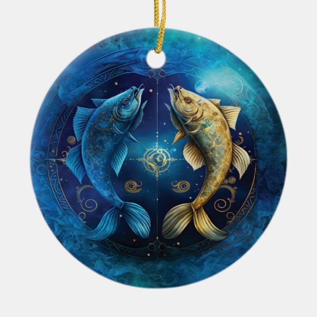Pisces Zodiac Sign Watercolor Design Ceramic Ornament (Front)