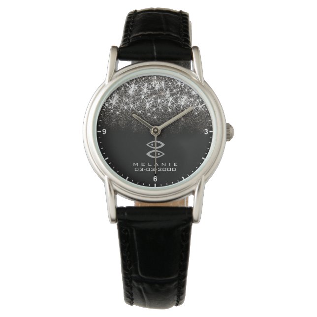 Pisces Zodiac Silver Glitter Stars Birth Date Watch (Front)