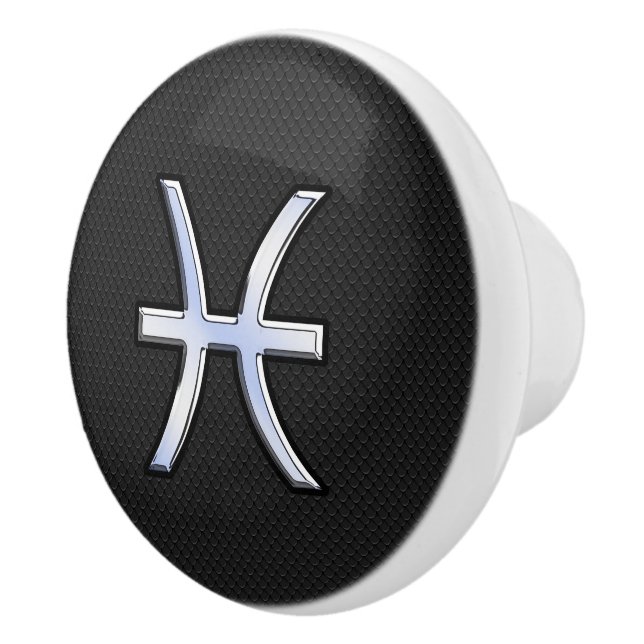 Pisces Zodiac Silver Symbol Black Snake Skin style Ceramic Knob (Right)