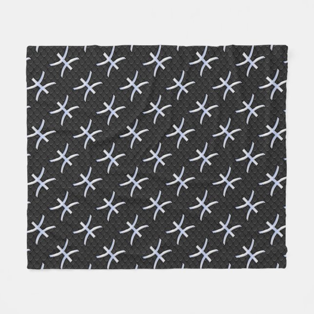 Pisces Zodiac Silver Symbol Black Snake Skin style Fleece Blanket (Front (Horizontal))