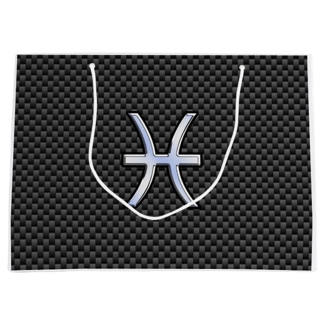 Pisces Zodiac Silver Symbol Carbon Fibre Style Large Gift Bag (Front)