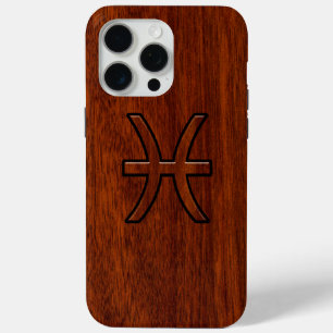 Pisces Zodiac Symbol Brown Mahogany wood style iPhone 15 Pro Max Case