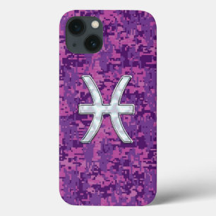 Pisces Zodiac Symbol Fuchsia Digital Camouflage iPhone 13 Case