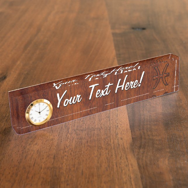 Pisces Zodiac Symbol in Mahogany wood grain style Nameplate (Side)