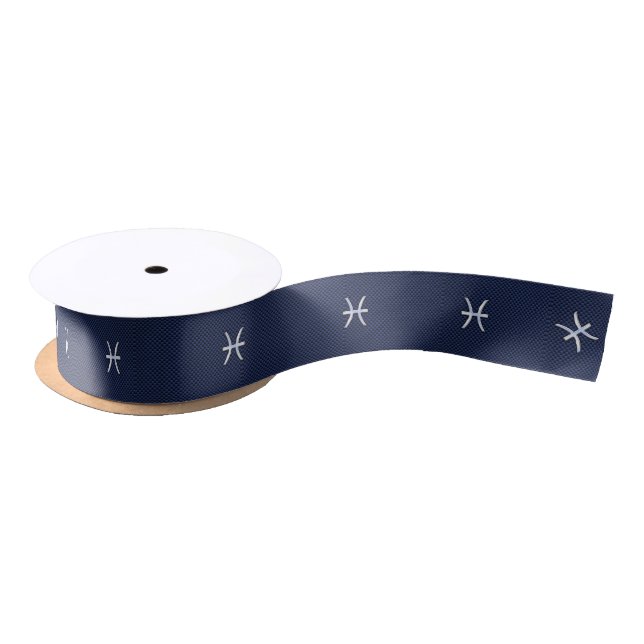Pisces Zodiac Symbol Navy Blue Carbon Fibre Print Satin Ribbon (Spool)