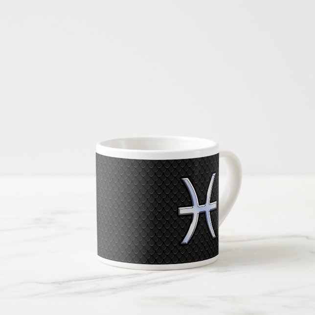 Pisces Zodiac Symbol on Black Snake Skin Style Espresso Cup (Front Right)