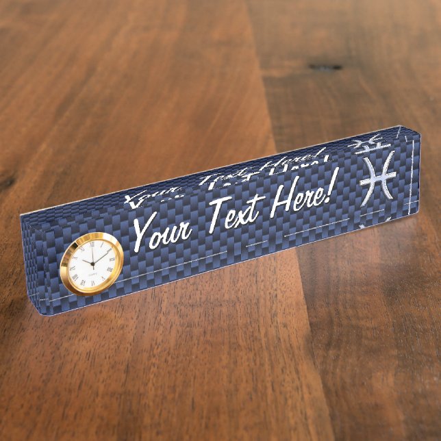 Pisces Zodiac Symbol on Blue Carbon Fiber Print Nameplate (Side)