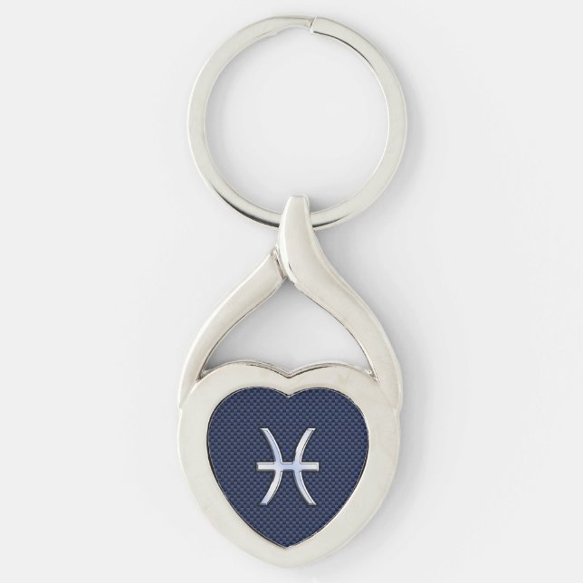 Pisces Zodiac Symbol on Blue Carbon Fibre Print Keychain (Front)