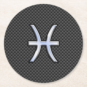 Pisces Zodiac Symbol on Carbon Fibre Print Round Paper Coaster