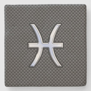 Pisces Zodiac Symbol on Carbon Fibre Print Stone Coaster