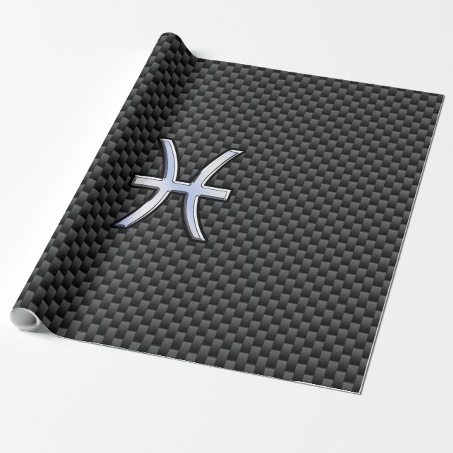 Pisces Zodiac Symbol on Carbon Fibre Print Wrapping Paper (Unrolled)