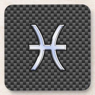 Pisces Zodiac Symbol on Carbon Fibre Style Coaster