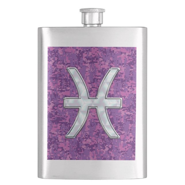Pisces Zodiac Symbol on Fuchsia Digital Camo Hip Flask (Front)