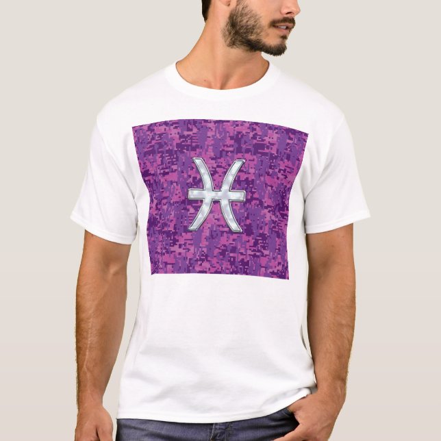 Pisces Zodiac Symbol on Fuchsia Pink Digital Camo T-Shirt (Front)