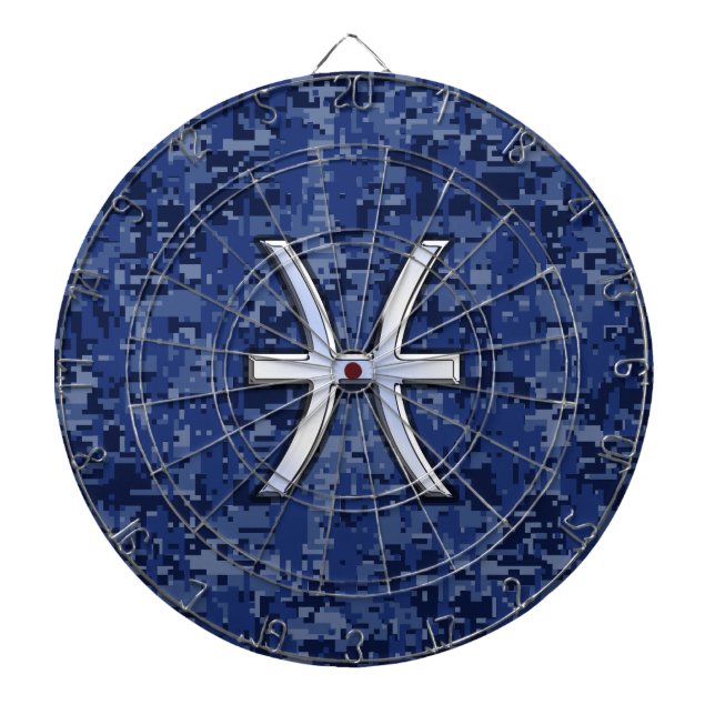 Pisces Zodiac Symbol on Navy Blue Digital Camo Dartboard (Front)