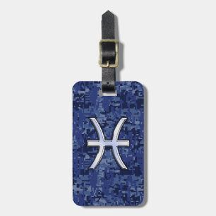 Pisces Zodiac Symbol on Navy Blue Digital Camo Luggage Tag