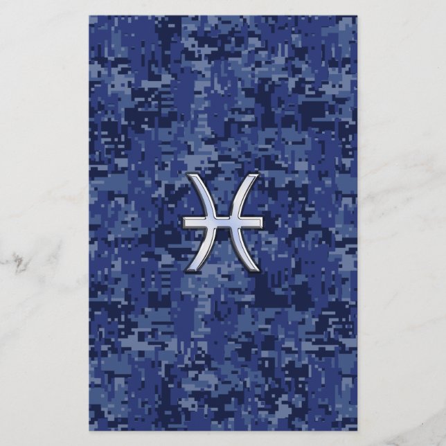 Pisces Zodiac Symbol on Navy Blue Digital Camo Stationery (Front)