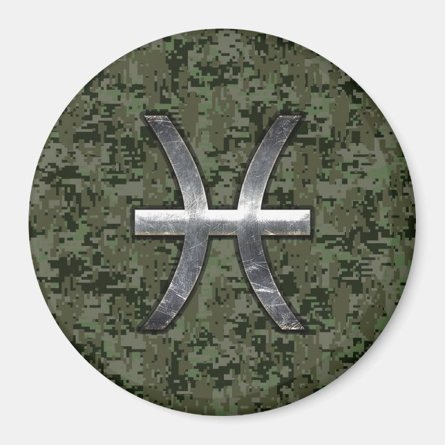 Pisces Zodiac Symbol Woodland Digital Camouflage Magnet (Front)