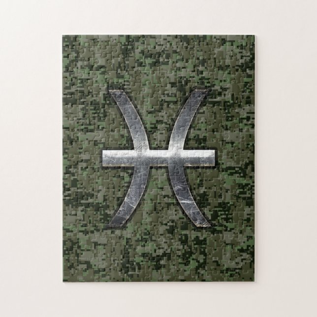 Pisces Zodiac Symbol Woodland Green Digital Camo Jigsaw Puzzle (Vertical)