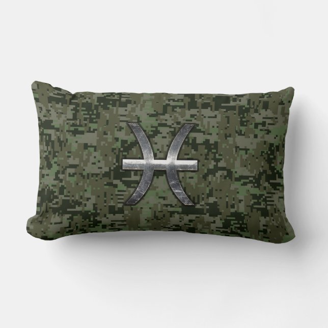 Pisces Zodiac Symbol Woodland Green Digital Camo Lumbar Pillow (Front)