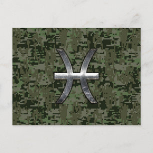 Pisces Zodiac Symbol Woodland Green Digital Camo Postcard