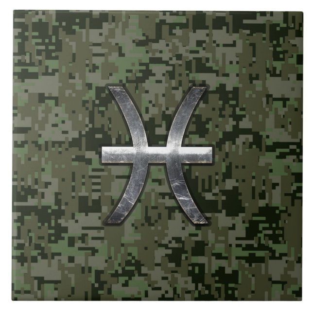 Pisces Zodiac Symbol Woodland Green Digital Camo Tile (Front)